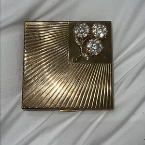 Mid century Rhinestone Flower Brass Makeup Compact Volupte USA